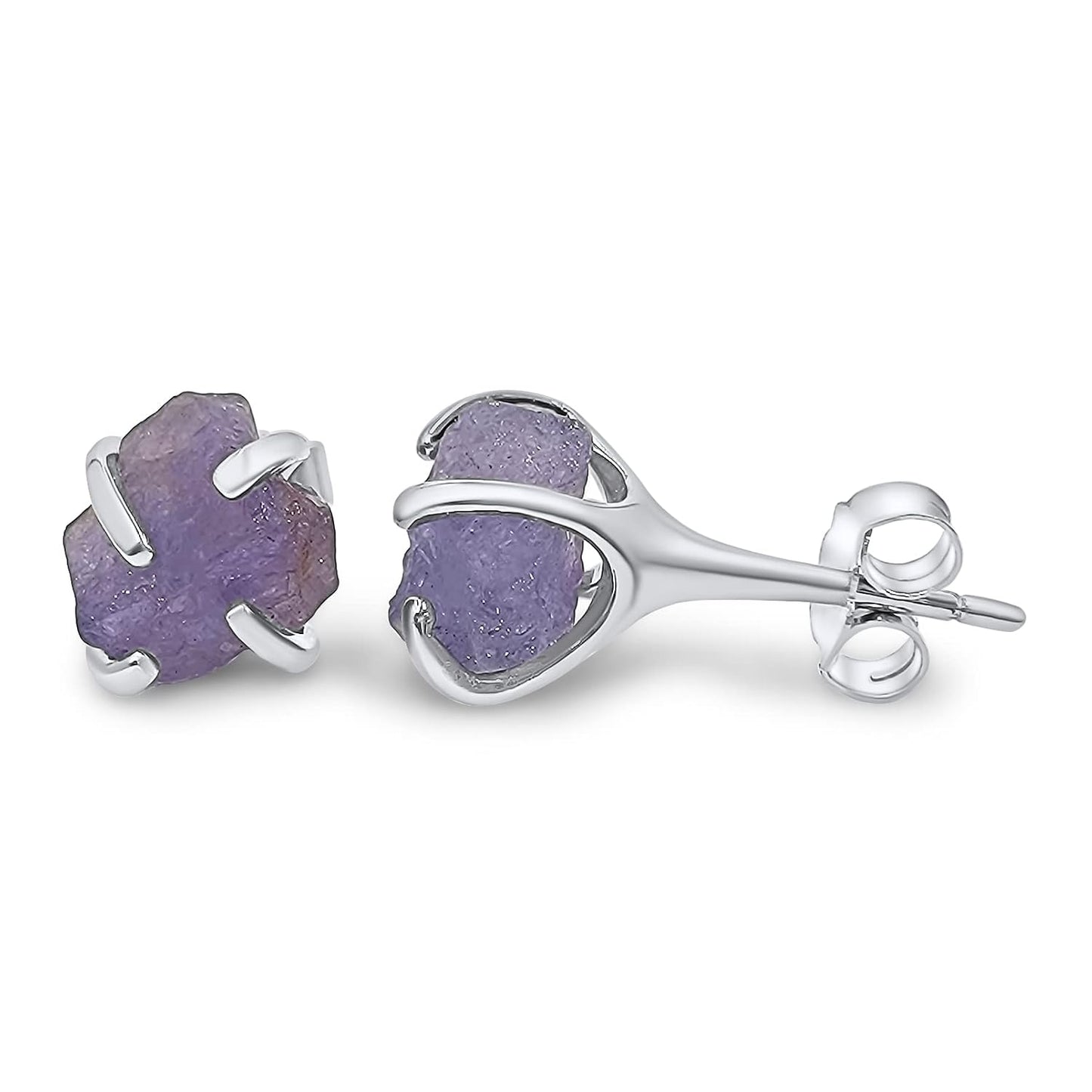 Natural Raw Tanzanite Stud Earrings in White Gold Over Silver