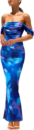 Maxi Dresses for Women Off Shoulder Ruched Mesh Floral Dress