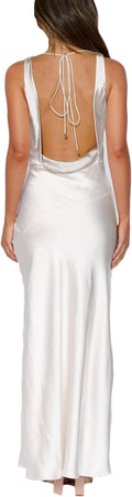 Women's Satin Backless Cowl Neck Maxi Dress - Elegant Summer Guest is