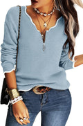 V Neck Long Sleeve Sweater Half Zipper Knit Pullover - Comfortable Fit