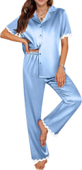 Silk Satin Pajamas Set Womens Button Down Short Sleeve Long Pants
