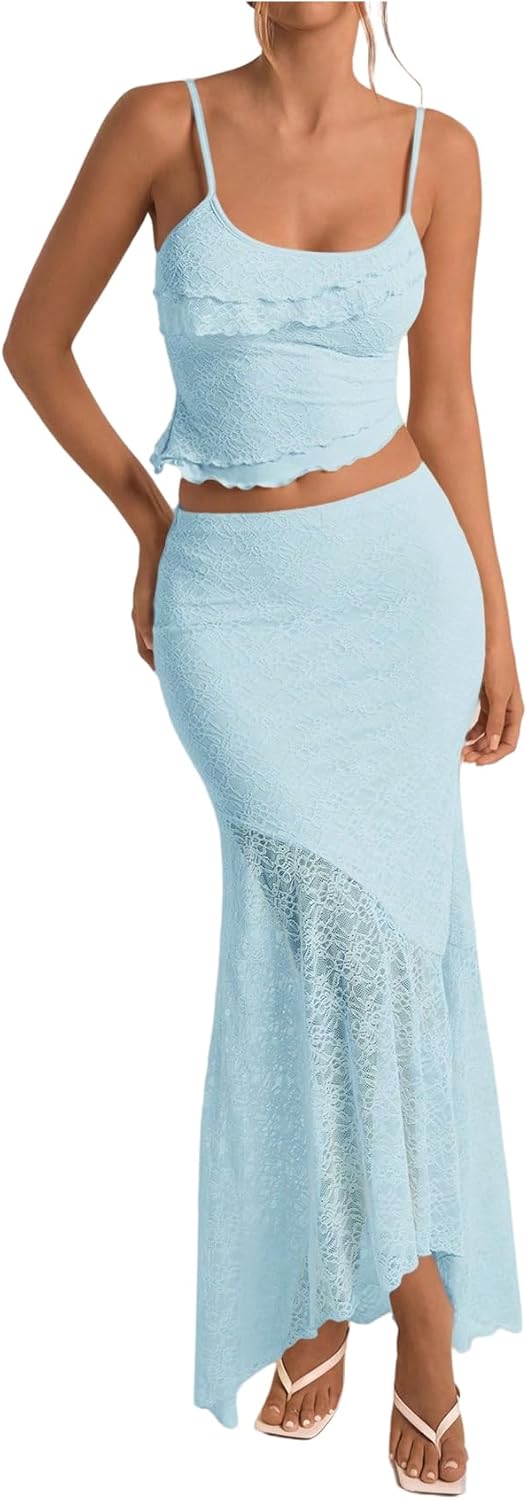 Milumia Women's 2 Piece Outfits Ruffle Trim Cami Crop Top Set