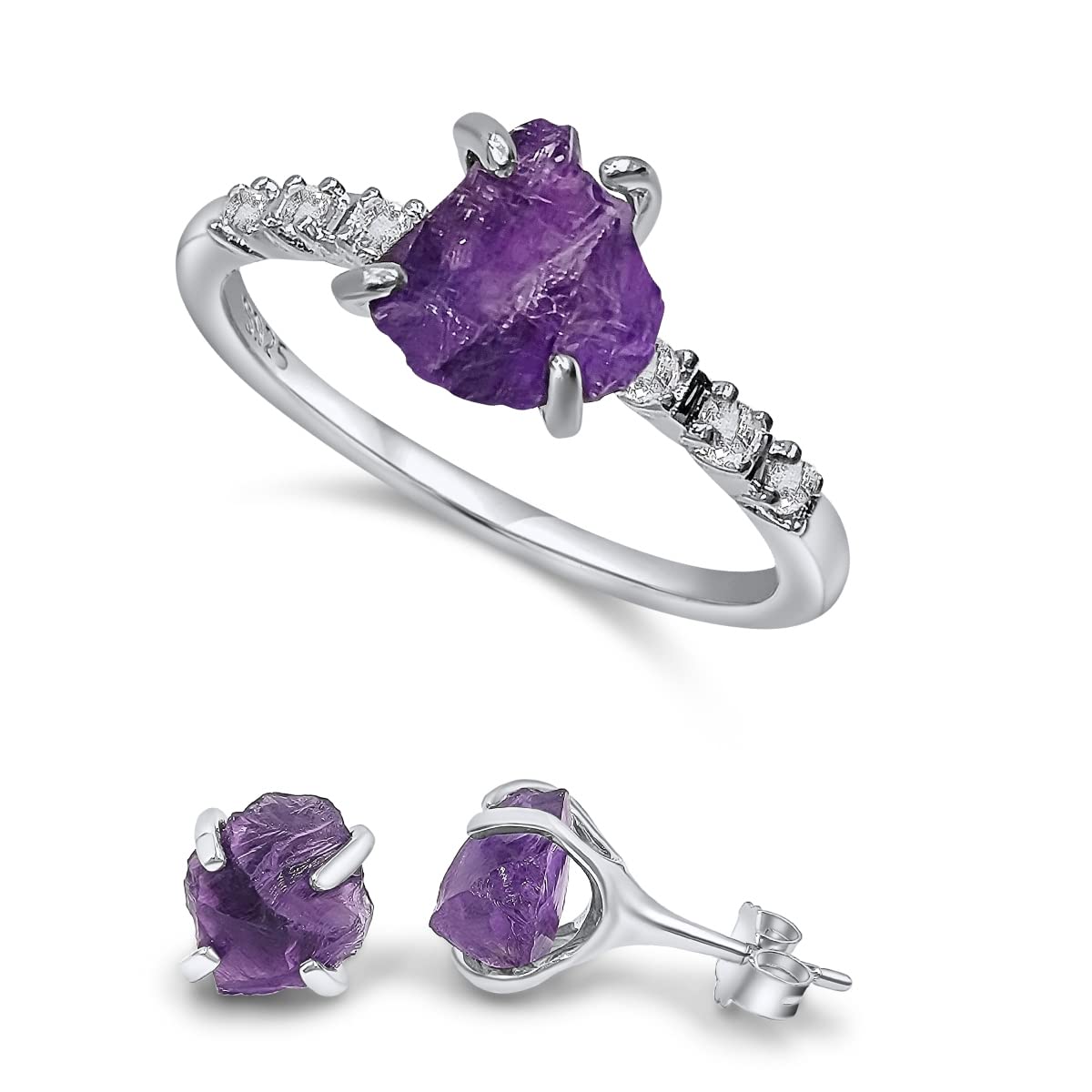 Raw Amethyst Stone Stud Earrings and Dainty Ring Jewelry Set