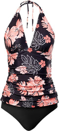 Two Piece Orange Floral Tankini for Women - Tummy Control Halter