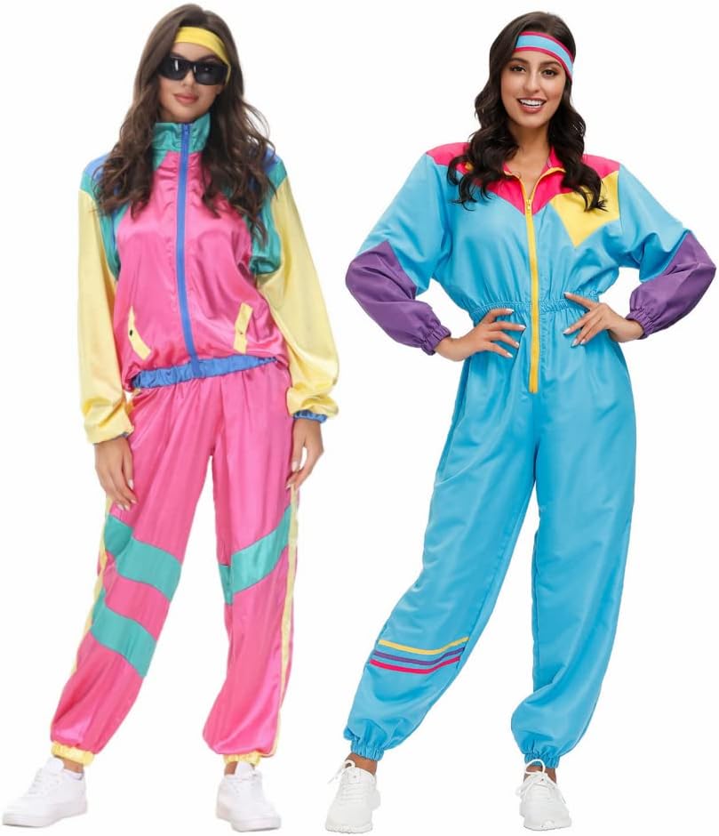 Womens 80s Tracksuit Retro Hip Hop Windbreaker One Piece Set