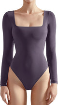 Women Square Neck Long Sleeve Bodysuit - Soft Double Lined Thong
