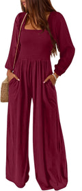 Womens Casual Square Neck Long Sleeve Jumpsuits - Loose Smocked Fit
