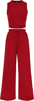 Women Summer 2 Piece Outfits Ribbed Crop Top and Wide Leg Pants