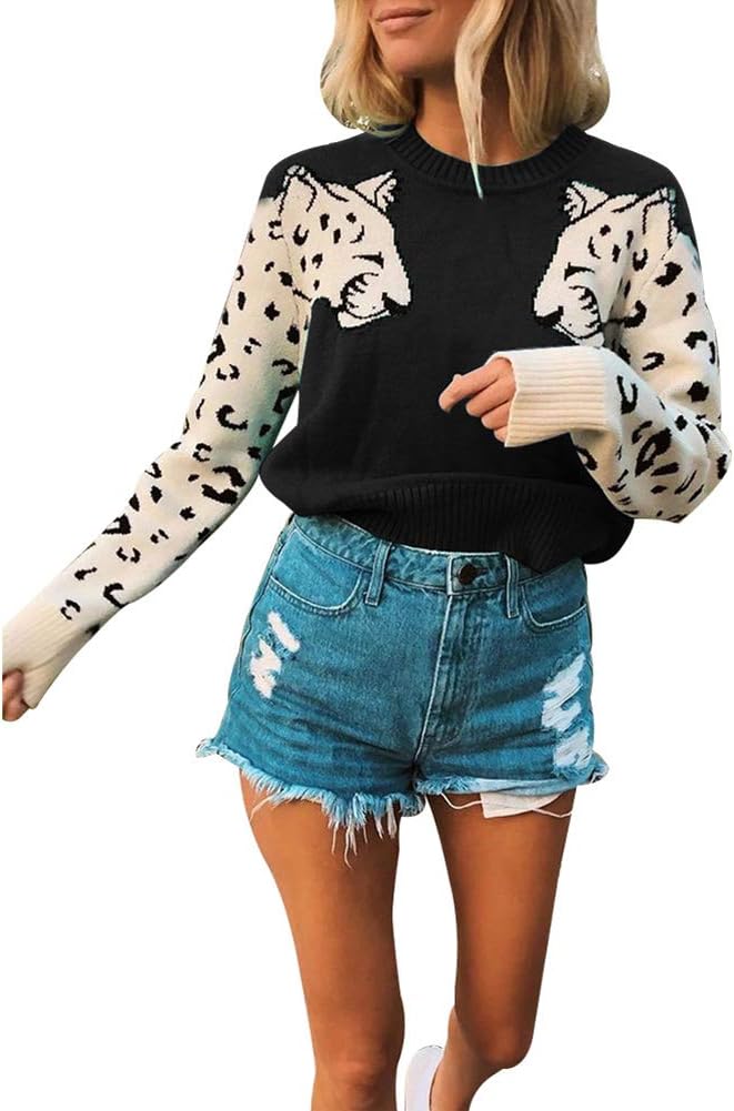 Womens Casual Leopard Print Knitted Pullover Sweaters for Style