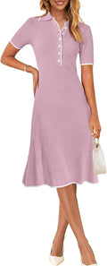 MEROKEETY V Neck Ribbed Knit Midi Dress - Flattering Everyday Midi