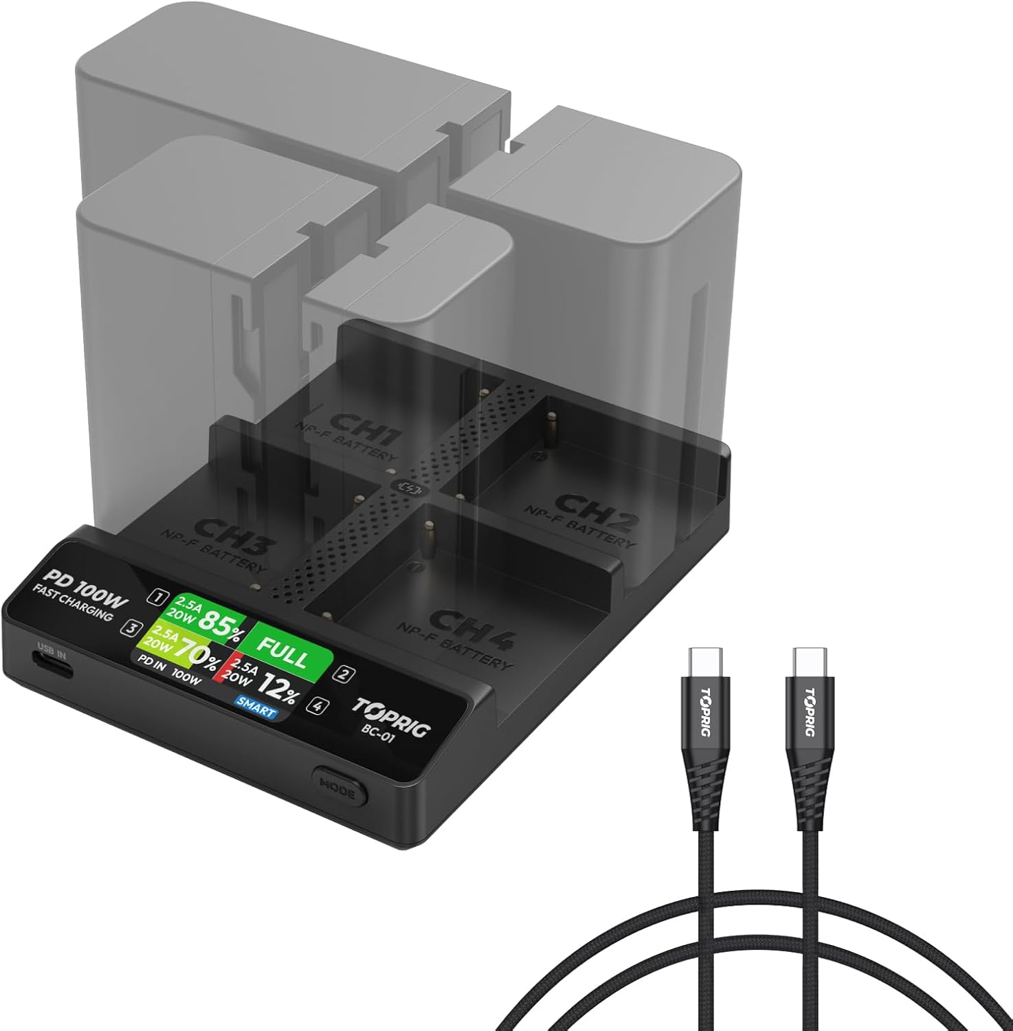 Toprig NP-F970 4-Bay Camera Battery Charger for Fast Charging