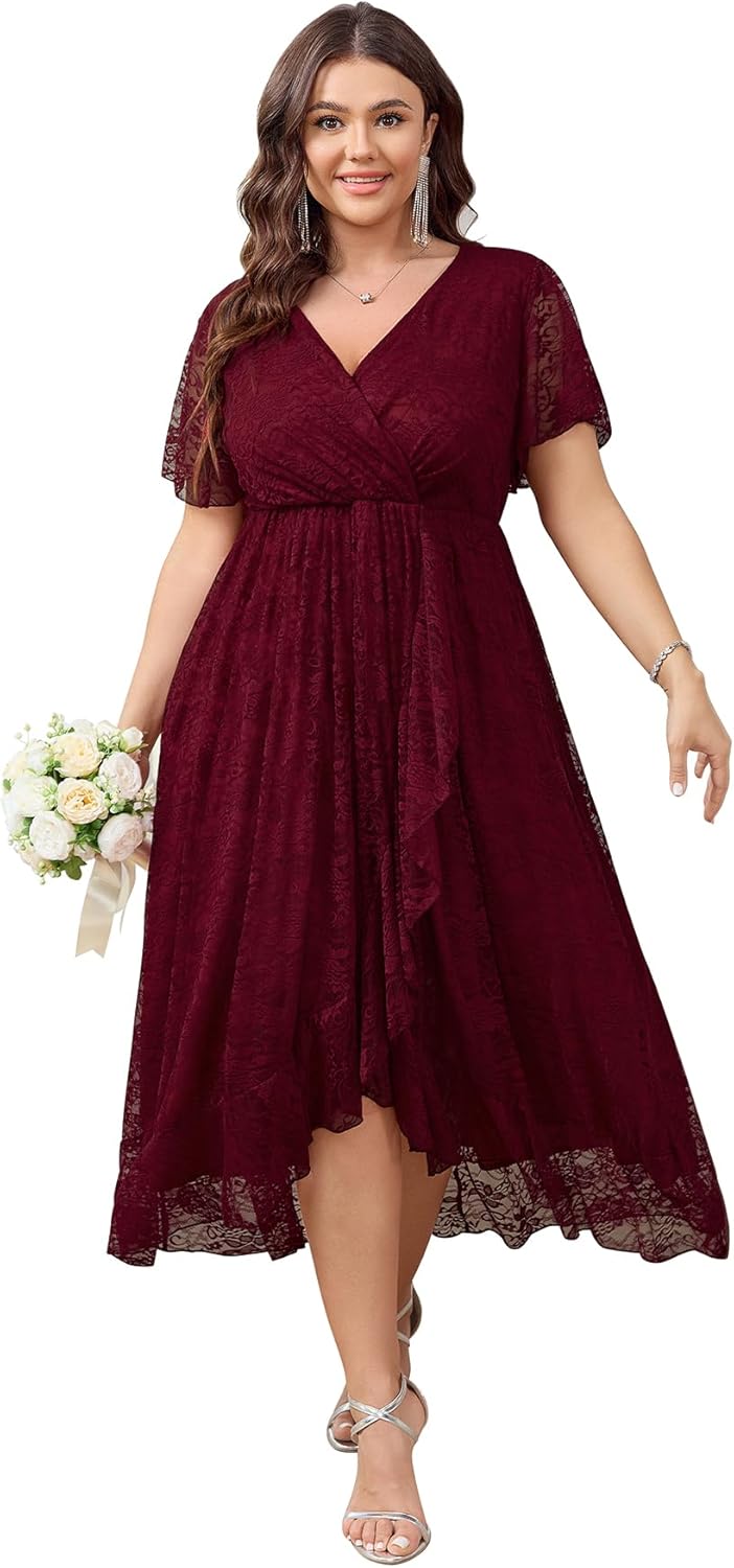 SCOMCHIC Plus Size Wedding Guest Dress with Lace and V Neck