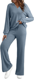 EVALESS Womens Pajama Sets Long Sleeve Lounge Set - Soft Ribbed