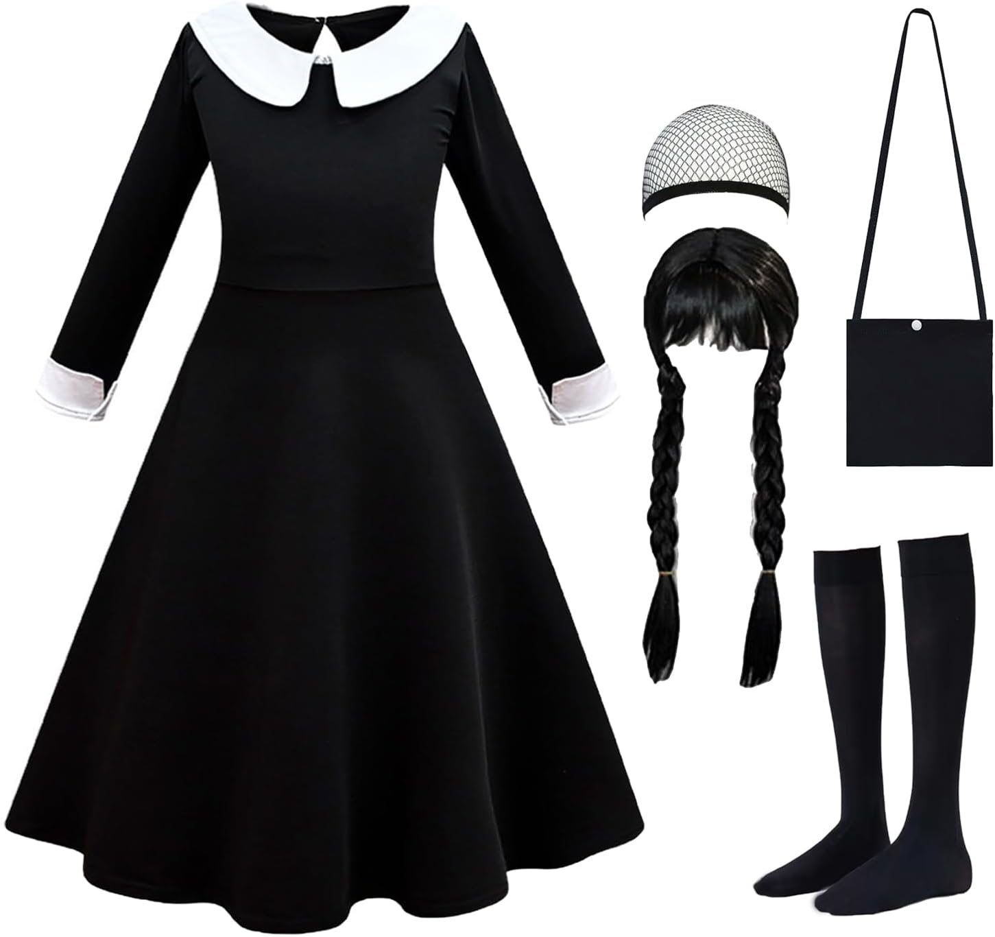 Black Costume for Girls with Wig and Socks for Halloween Fun