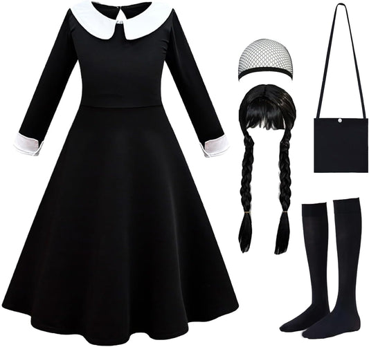 Black Costume for Girls with Wig and Socks for Halloween Fun
