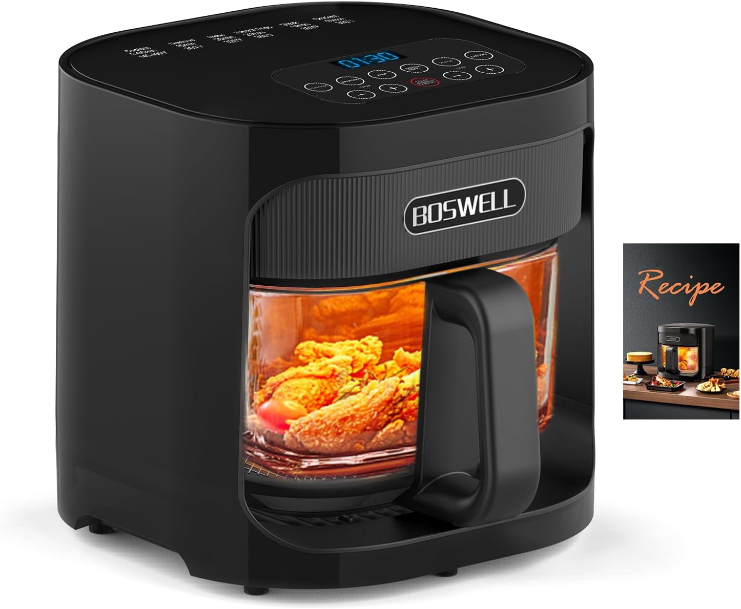 BOSWELL 4.5QT Glass Air Fryer: Transparent Bowl, Non-Toxic, Large Capacity