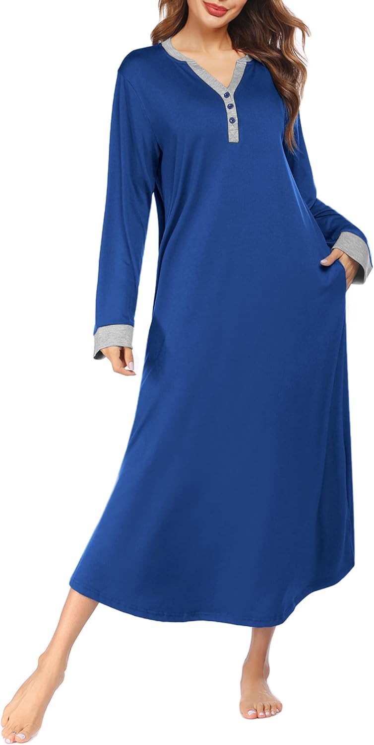 Ekouaer Womens Nightgown Long Loungewear V Neck Nightshirt