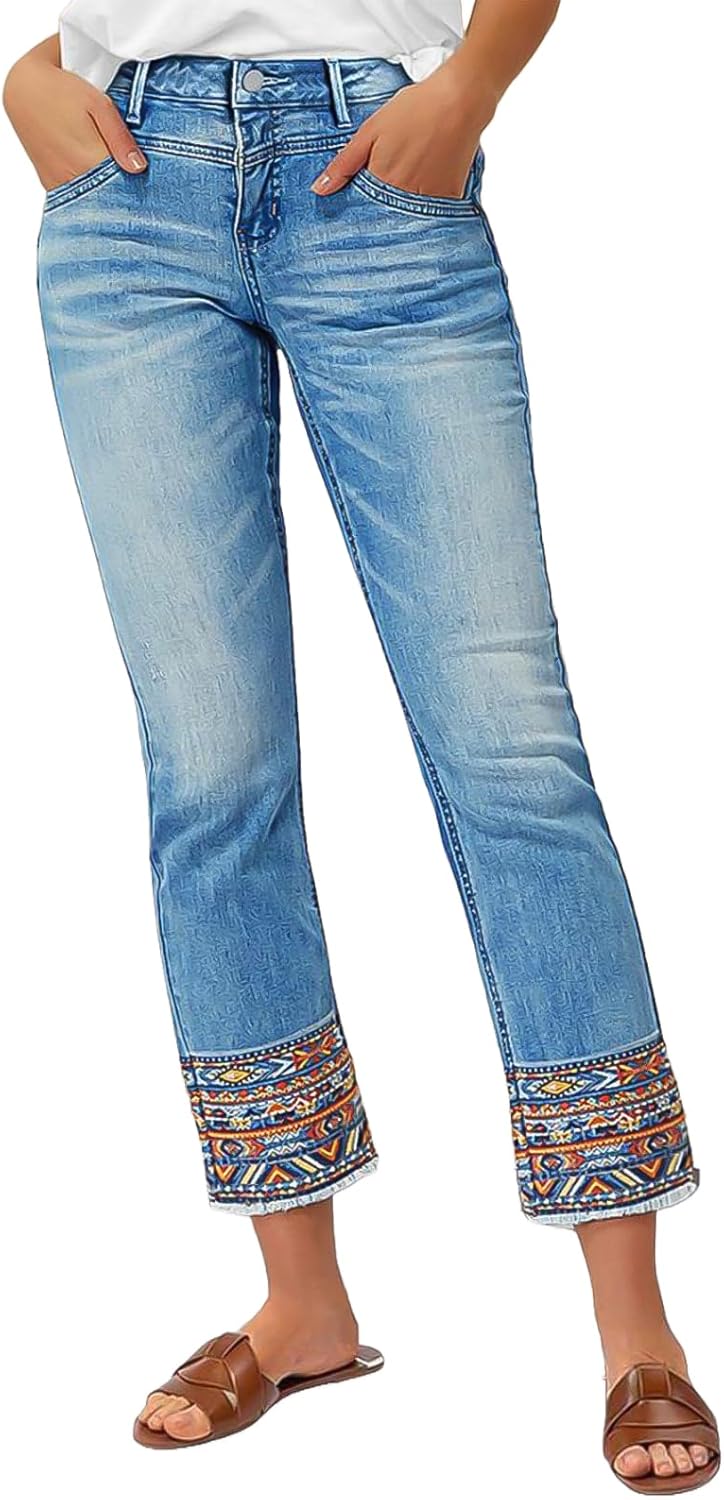 Trendy Mid Rise Cropped Jeans with Tribal Embroidery for Women