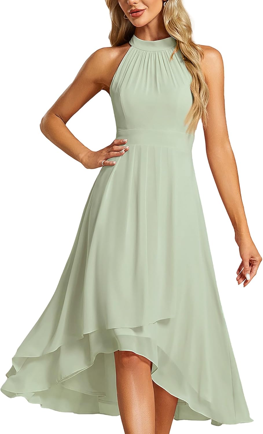 Chiffon Hi-Lo Halter Neck Dress for Wedding Guests and Parties