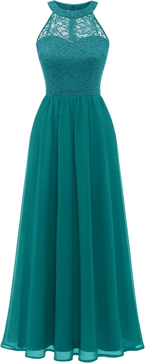 Halter Long Prom Dress for Women - Floral Lace Bridesmaid Dress