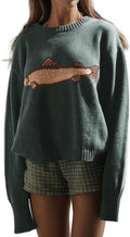 CHARTOU Rib Knit Crucian Carp Graphic Oversized Y2k Pullover Sweater