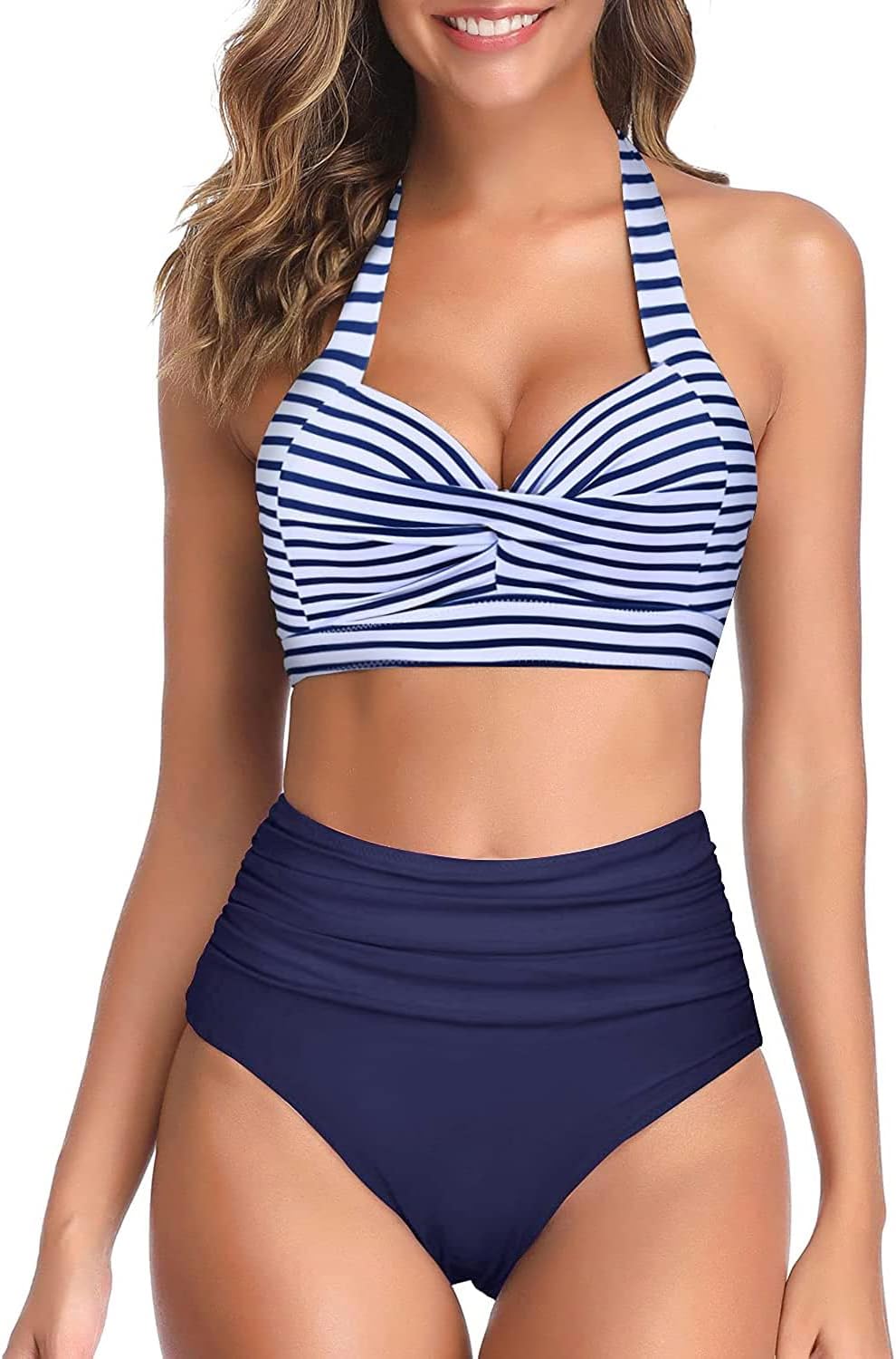 Tempt Me Vintage Swimsuit Retro Halter Ruched High Waist Bikini