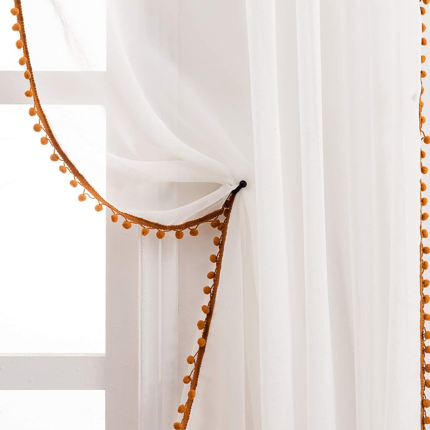 MISS SELECTEX Linen Look Pom Pom Tasseled Sheer Curtains Set