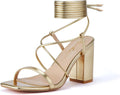 Square Toe Lace Up Chunky Heel Sandals Women - Dressy Gold 9.5