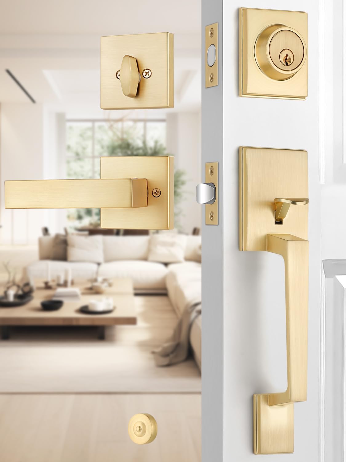 Heavy Duty Satin Brass Entry Door Handle and Deadbolt Lock Set