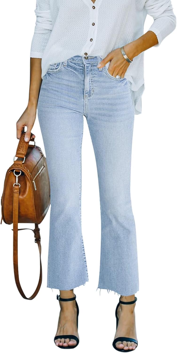 Cropped Stretchy Mid Rise Flare Jeans for Women with Raw Hem