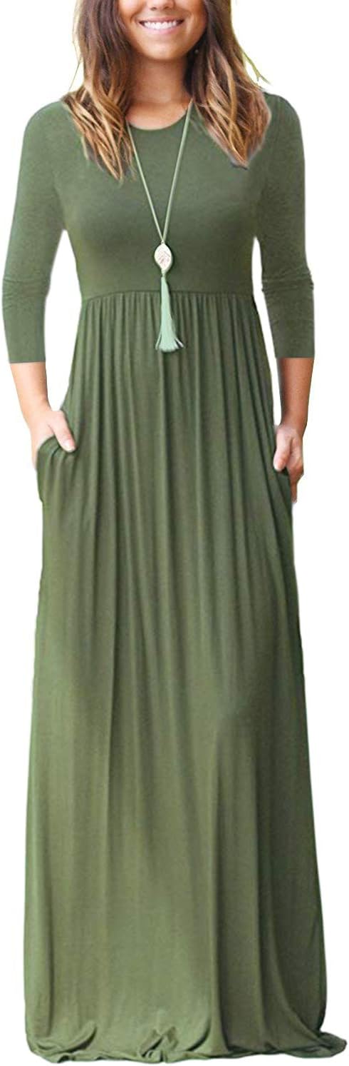WNEEDU Women's 3/4 Sleeve Casual Maxi Dresses with Pockets