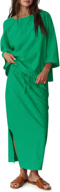 Womens Cotton Blend 2 Piece Skirt Set - Oversized 3/4 Sleeve Tee