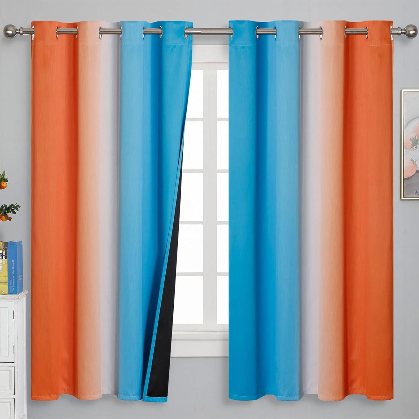 Ombre Orange and Blue Curtains for Total Blackout in Bedroom
