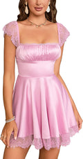 EYNMIN Satin Lace Strap Mini Dress - Flowy A-Line Ruffle Look