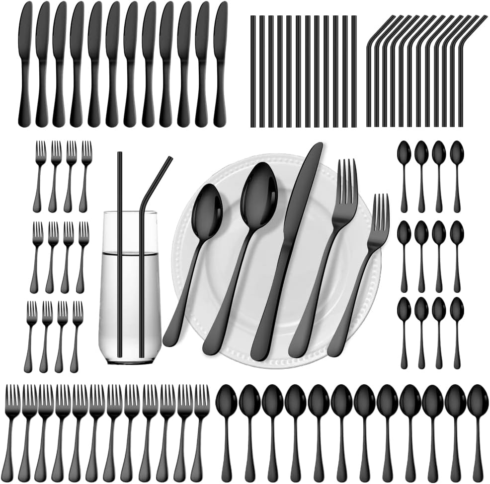 84 Pieces Black Silverware Set Service for 12 with Straws