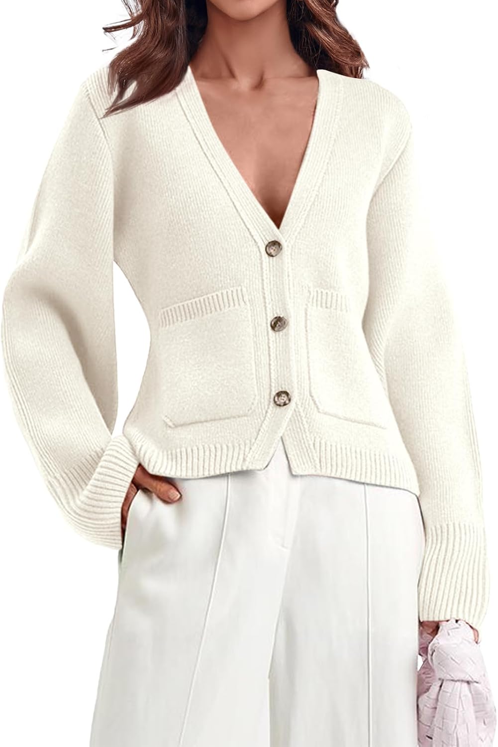 Saodimallsu Womens Deep V Neck Cardigan Sweater with Pockets