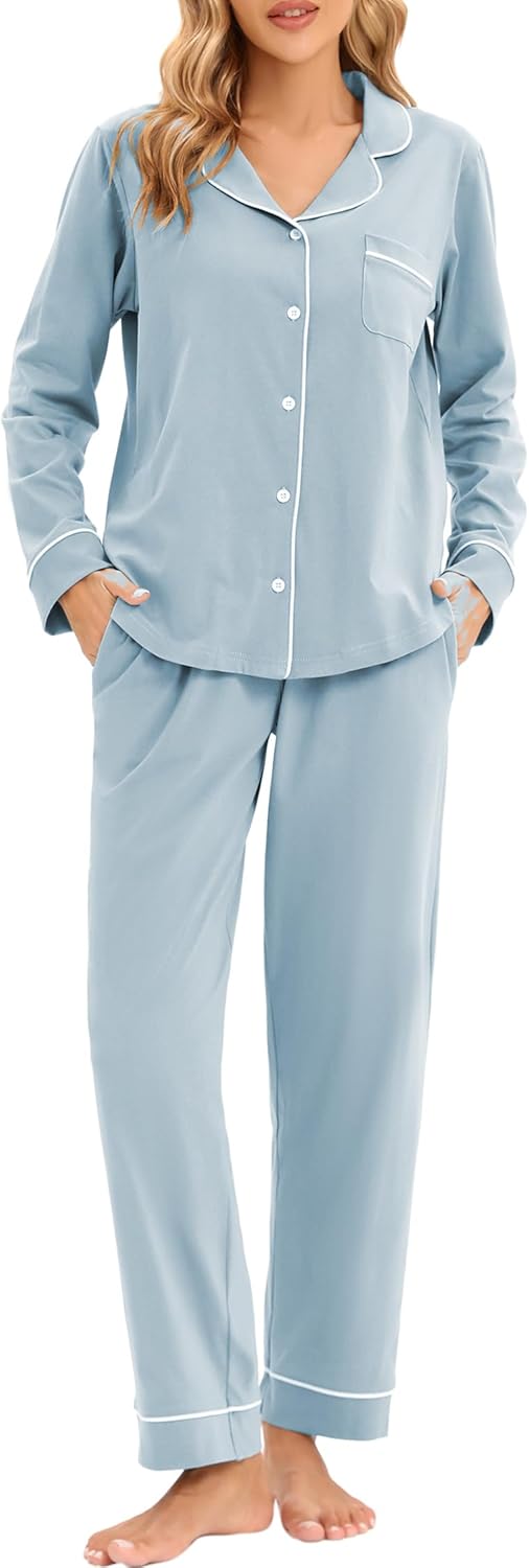 LUBOT 100% Cotton Pajamas for Women Soft Button-Down Set