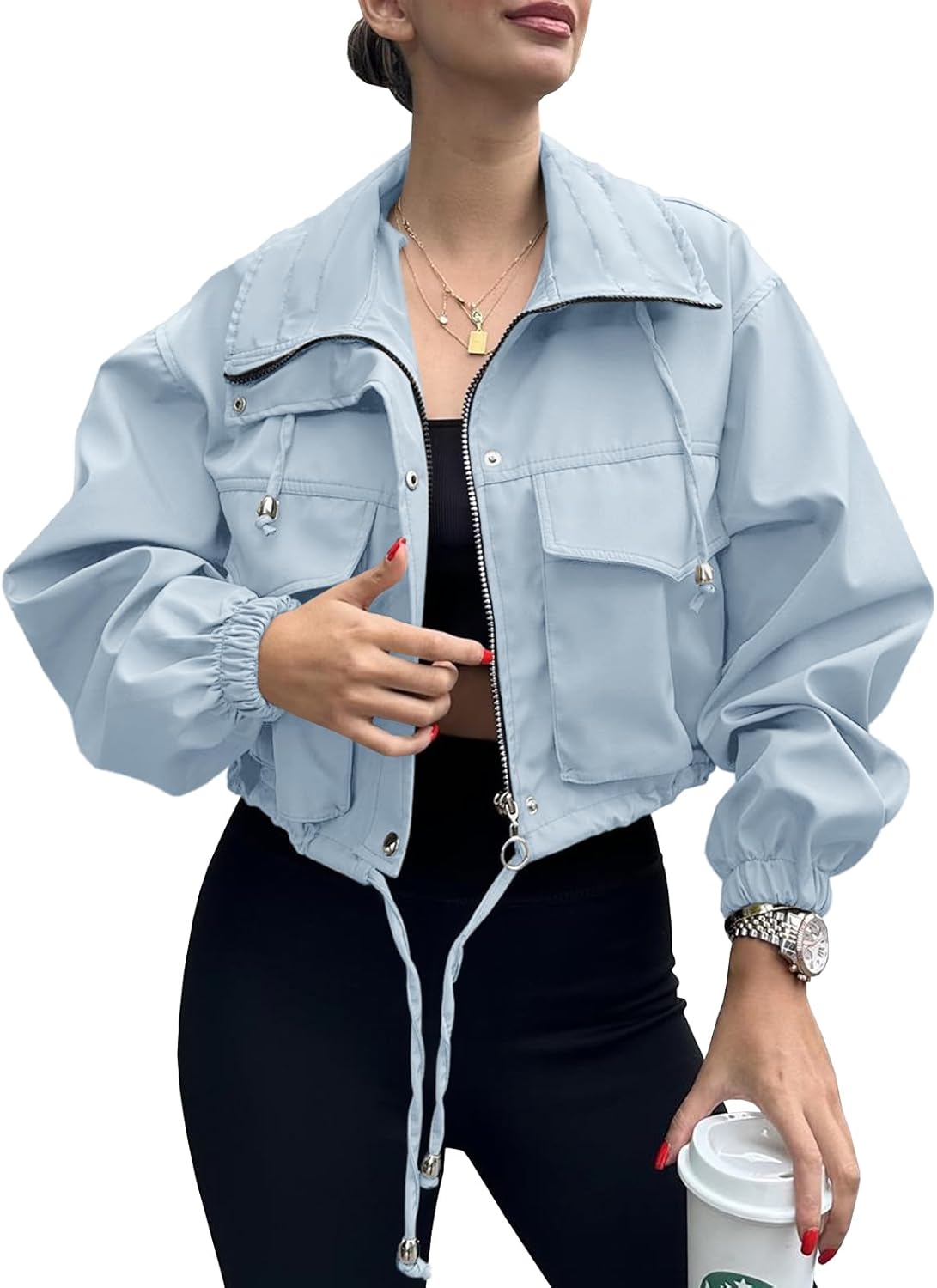 Tankaneo Womens Cropped Jacket Zip Up Lightweight Utility Coat