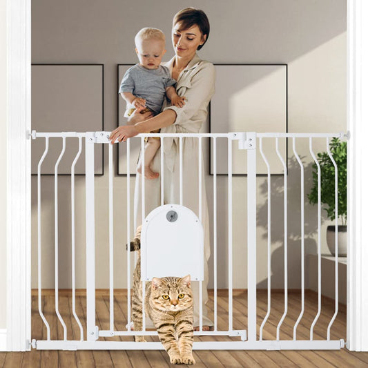 Extra Wide Baby Gate with Adjustable Cat Door for Safety