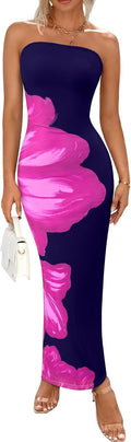 Women Strapless Floral Maxi Dress Bodycon - Summer Formal Mesh