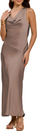 Women's Satin Backless Cowl Neck Maxi Dress - Elegant Summer Guest see