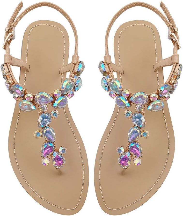 AIJIVOU Women's Rhinestone Flat Sandals for Summer Beach Fun