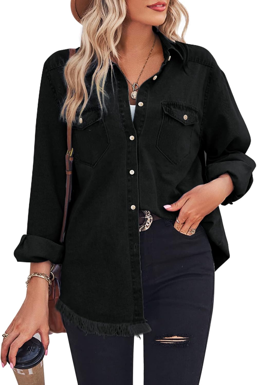 Zilcremo Women Denim Shirt Long Sleeve Button Down Blouse