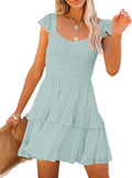 Women Summer Dresses Casual Boho Smocked Ruffle Babydoll Mini