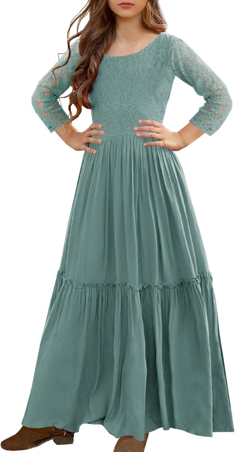 MITILLY Girls Lace Flower Ruffle Sleeve A-Line Maxi Dress