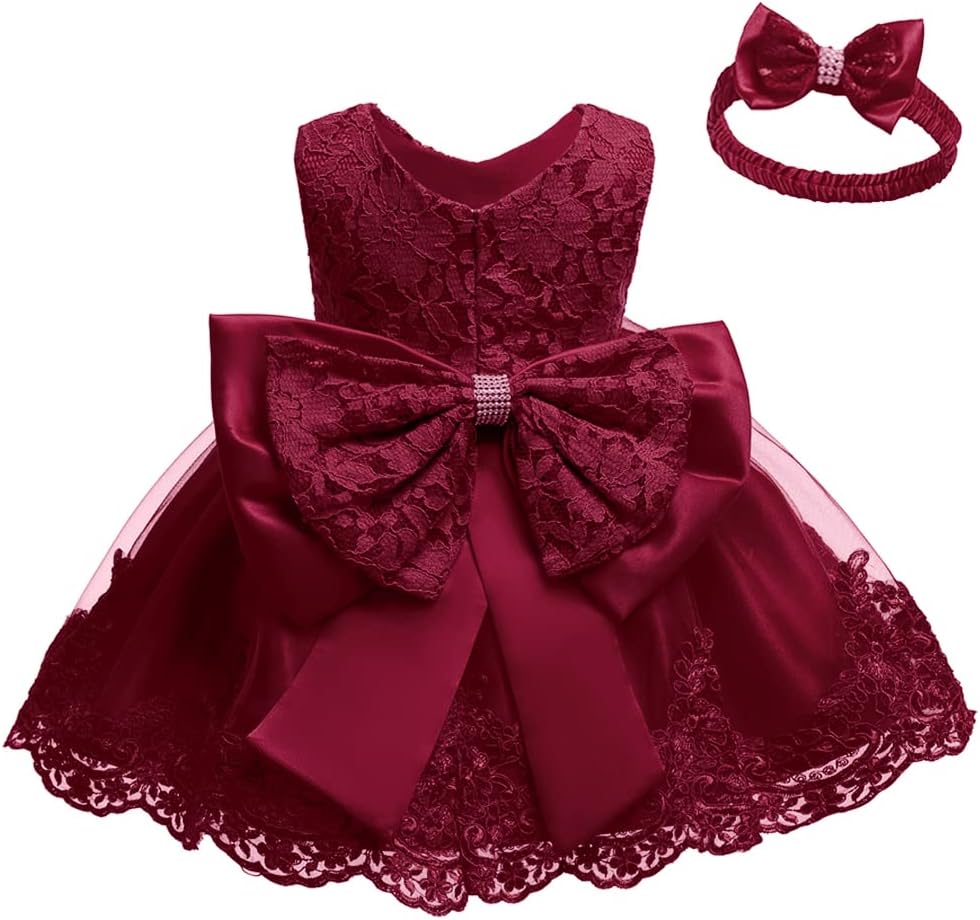 0-6T Baby Girl Party Dress with Lace Embroidery and Headwear