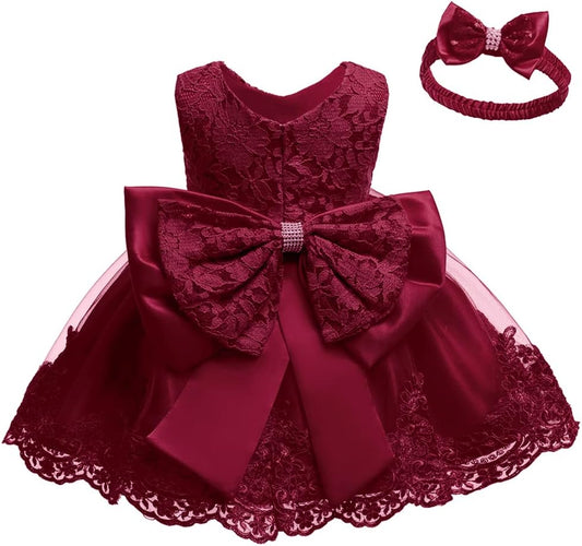 0-6T Baby Girl Party Dress with Lace Embroidery and Headwear