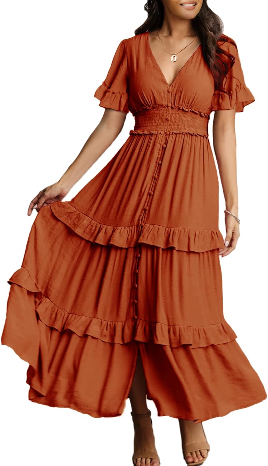 Amegoya Women's V Neck Long Sleeve Boho Maxi Dress for Summer
