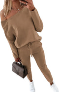 Women Tracksuit 2 Piece Off The Shoulder Jogger Set - Olive Green Cozy