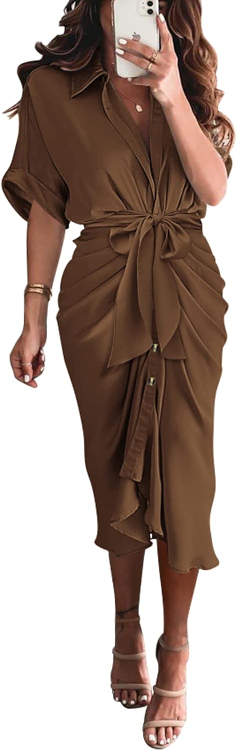 BTFBM Women Button Down Ruched Shirt Dress for Summer Events